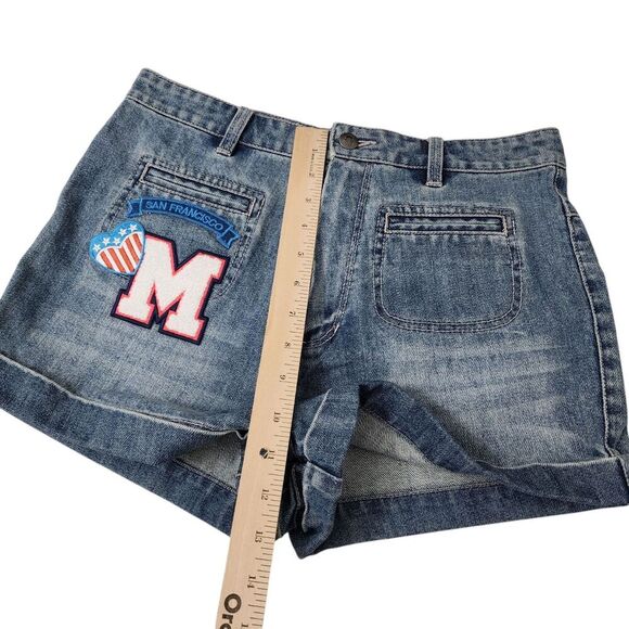 Manoush Denim Shorts Womens 8 Blue Cut-off Patchwork High-Rise Venice Beach Boho - Picture 10 of 12